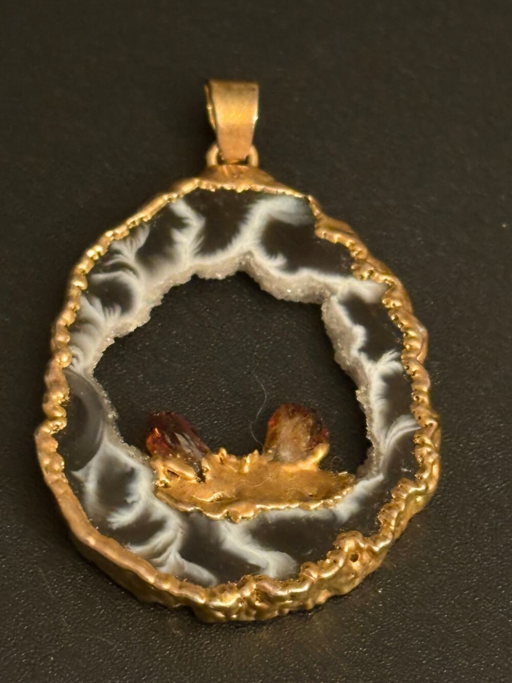 Natural Agate Geode Slice Gold Edge Pendant